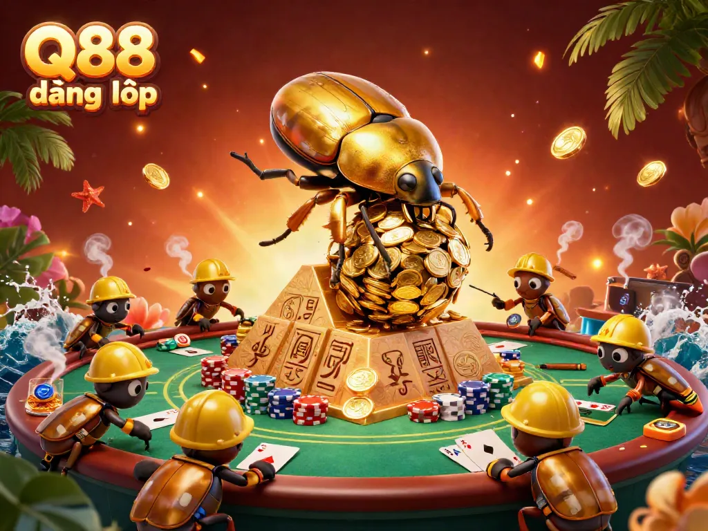 Experience Q88 đăng nhập with a vibrant 3D scene showcasing golden beetles and poker elements.