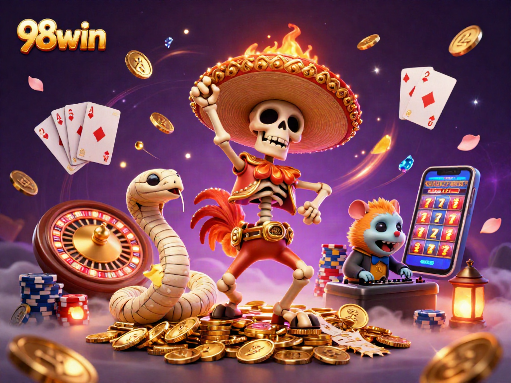 Celebrate big wins at 98win with lively casino characters dancing amid shimmering coins.