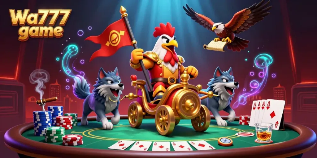 Engage in the exciting Wa777 game with vibrant 3D gaming characters, including a rooster warlord and poker elements.