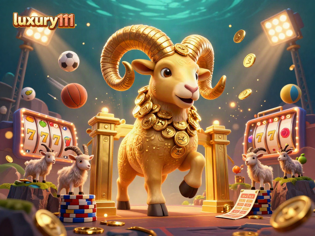 Engage with luxury111 by placing winning bets in a vibrant casino scene featuring golden rams and jackpots.
