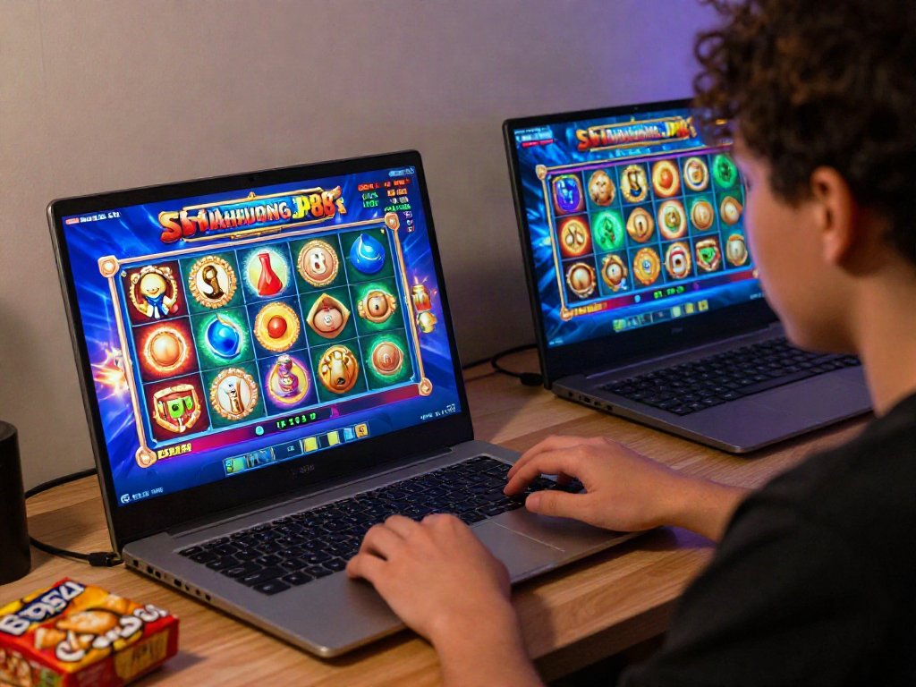 Exciting gaming setup showcasing Slot MAHJONGJP88 gameplay with player immersed in vibrant graphics.