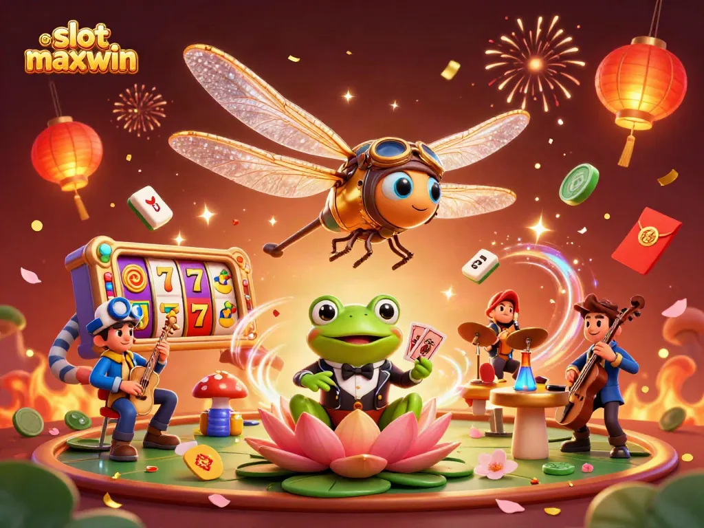 Experience thrilling slot maxwin action with our vibrant 3D casino illustration featuring dynamic characters.