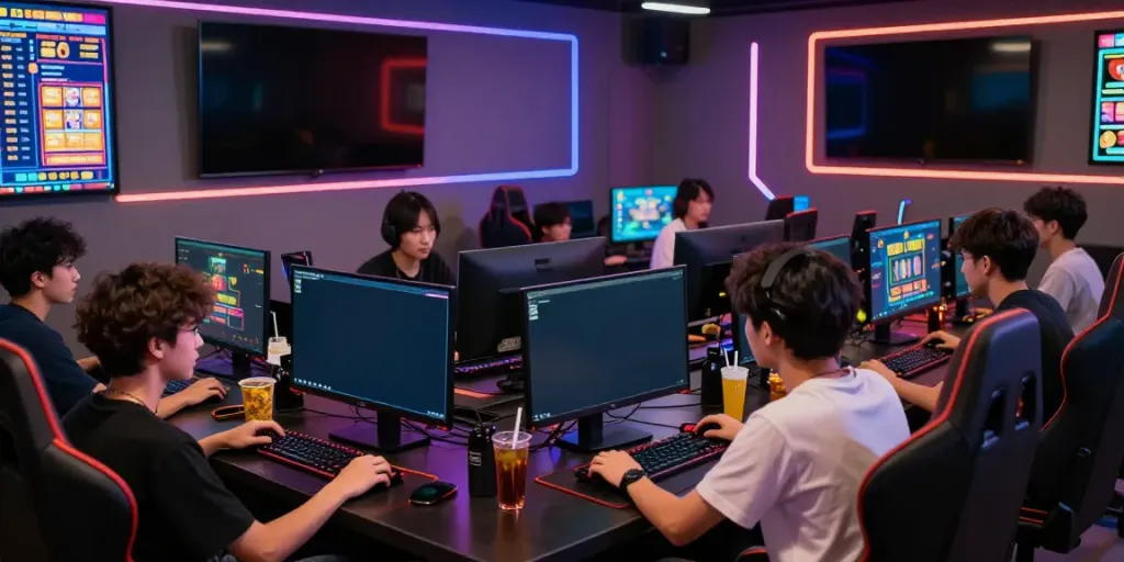 Gamers engaged with akunjp online slots in a lively gaming cafe.
