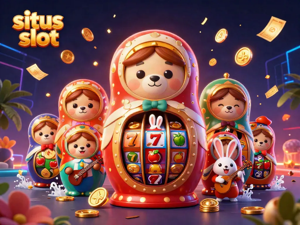 Experience the excitement of situs slot with charming bears, casino symbols, and vibrant atmosphere in this 3D illustration.
