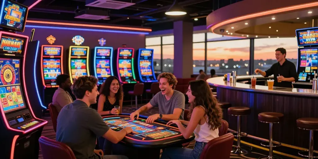 Engaged players at akunjp gambling tables in a lively nightlife atmosphere.
