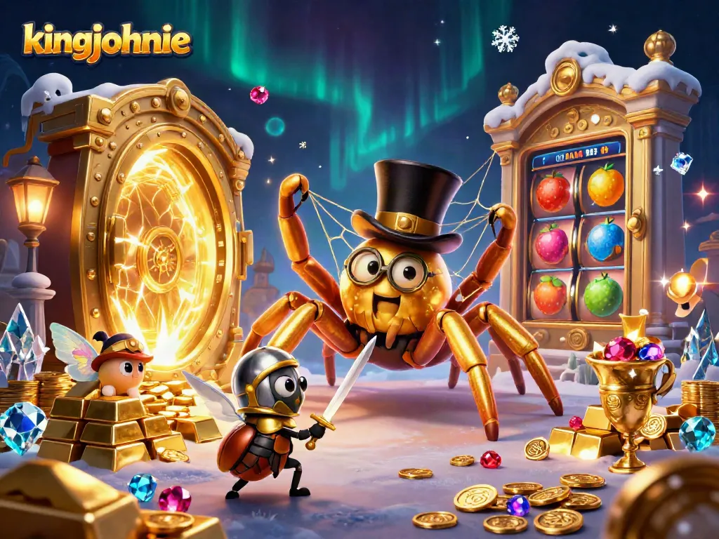 Engage with kingjohnnie's vibrant casino world featuring golden treasures and animated characters.