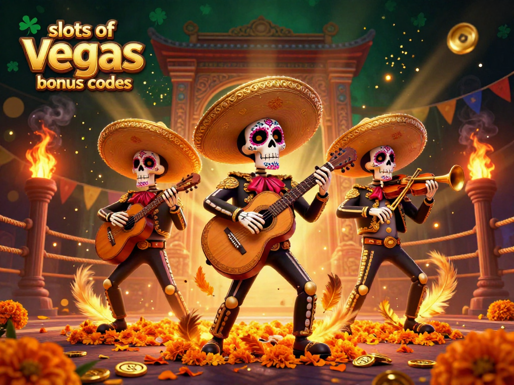 Experience the excitement of slots of vegas bonus codes with colorful mariachi skeletons playing musical instruments surrounded by gold and smoke.