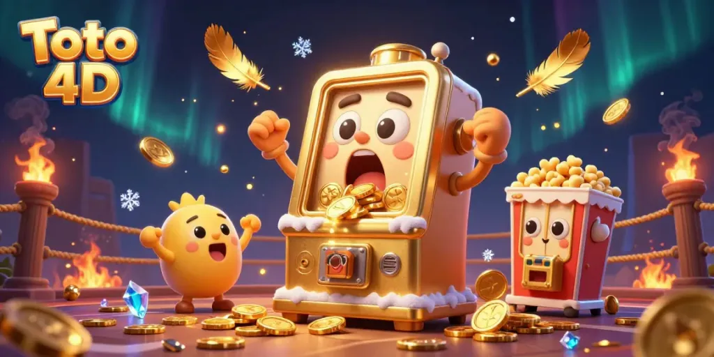 Mendapatkan jackpot dengan Toto 4D, mesin slot emas beraksi, dikelilingi koin dan efek visual dramatis.