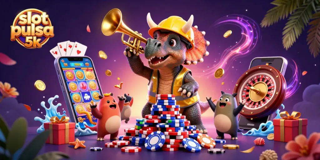 Experience exciting gameplay in slot pulsa 5k with animated triceratops and casino elements.