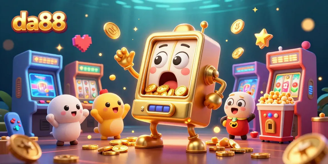 Join the excitement at da88 with a vibrant 3D cartoon scene of a slot machine hitting its jackpot while coins cascade down!