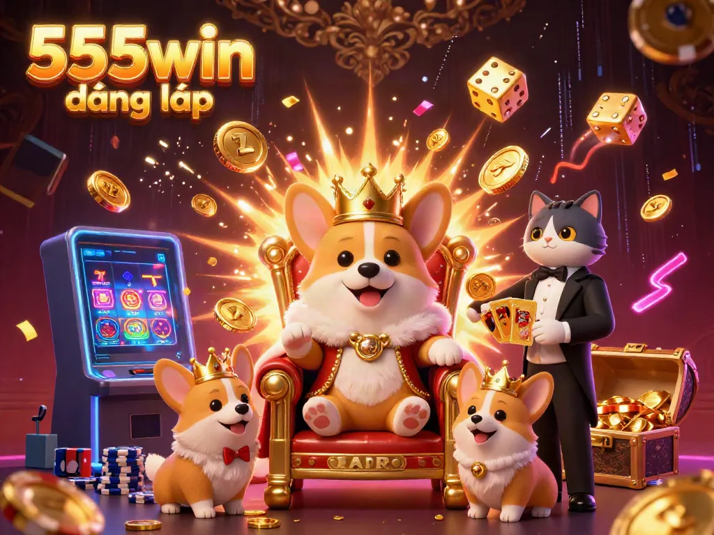 Experience exciting wins at 555win đăng nhập with a dynamic visual of royal characters amidst vibrant casino elements.