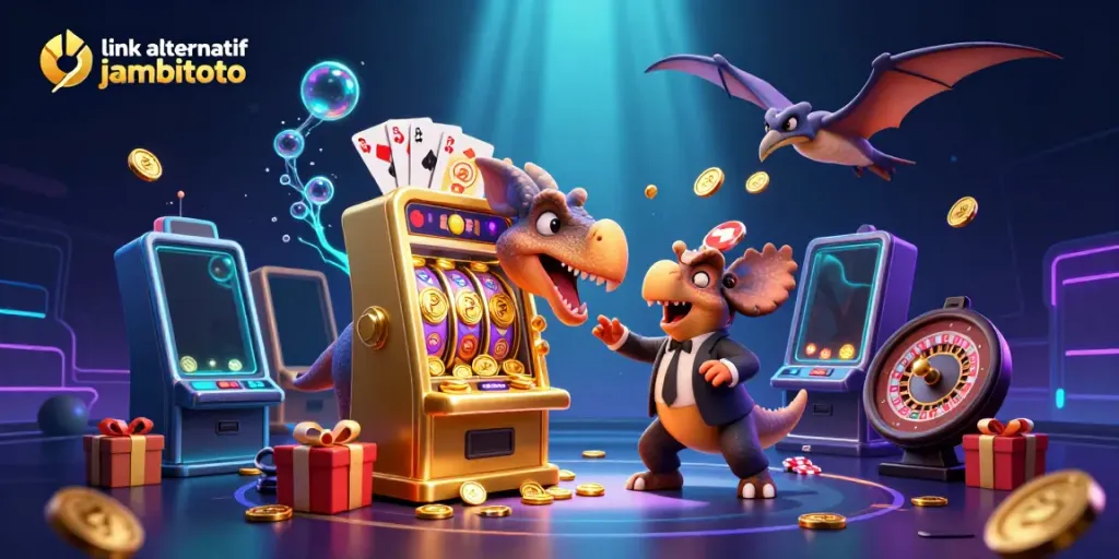 Catch the golden jackpot with link alternatif jambitoto in an energetic casino scene featuring dinosaurs!