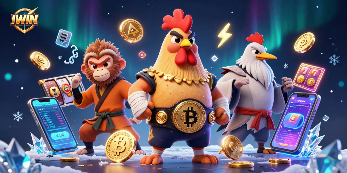 IWIN casino champions playing dynamic 3D slot games with Bitcoin and Ethereum coins.