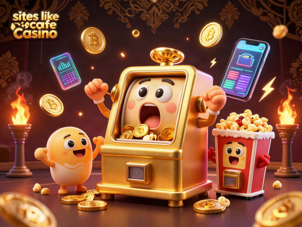 Experience slots like cafe casino with golden slot machines, crypto coins, and vibrant game action