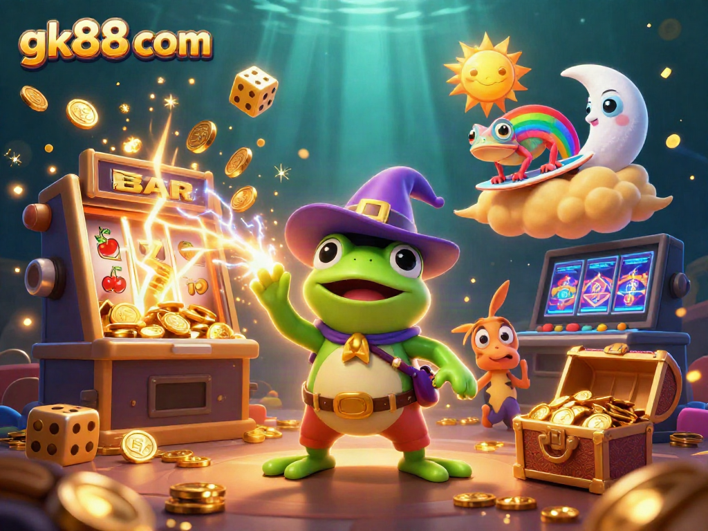 Experience thrilling wins at gk88 com with a vibrant 3D illustration featuring magical casino elements.