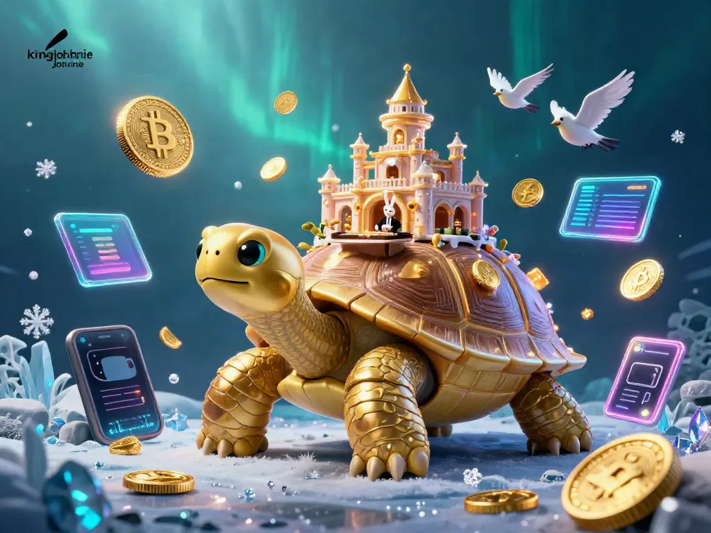 Experience kingjohnnie's 3D casino adventure with golden tortoise, rabbit dealer, and colorful crypto elements.