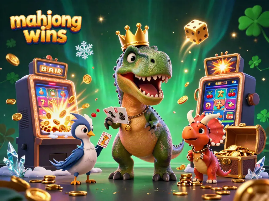 Experience thrilling mahjong wins with unique characters in a vibrant casino scene bursting with action.