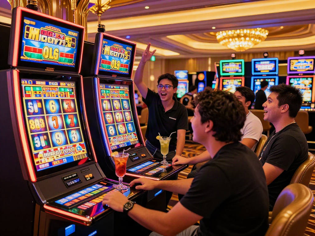 Players enjoying the Lucky777 slot machine in a vibrant casino atmosphere.