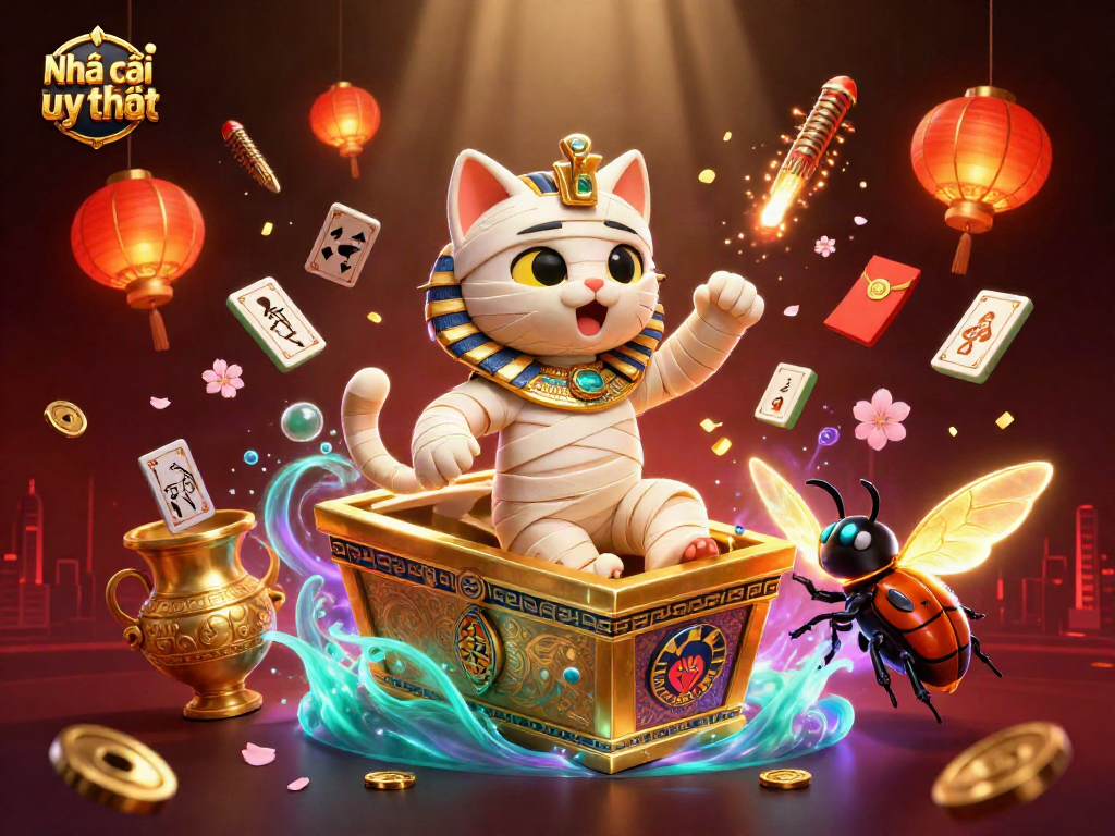 Engage with Nhà cái uy tín while enjoying a vibrant pyramid casino scene featuring a mummy cat!