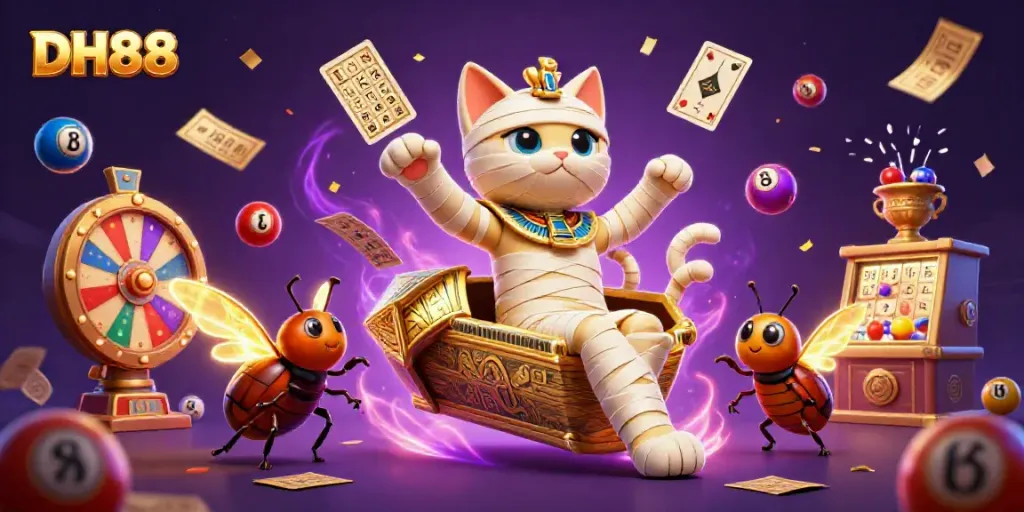 Engage with the DH88 online casino experience through an illustration of a mummy-themed game with vibrant lottery elements.