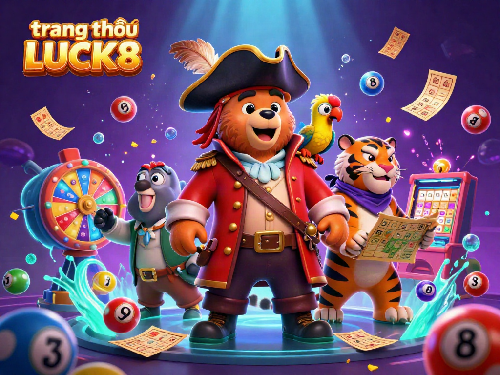 Experience the dynamic atmosphere of trang chủ LUCK8 with a vibrant 3D scene featuring a pirate bear, tiger, and lively game elements.