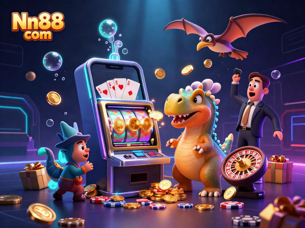 Experience a thrilling jackpot moment at Nn88 com with a pachycephalosaurus and a golden slot machine, bursting with golden coins.