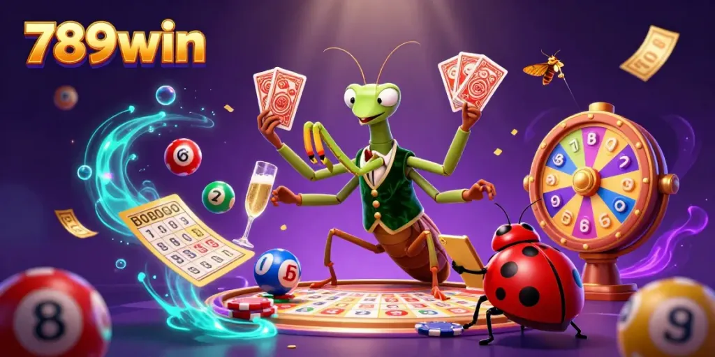 Experience the excitement of 789win with a vibrant casino scene featuring a giant praying mantis and ladybug pit boss.