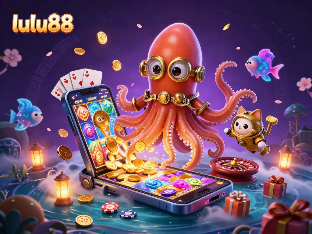 Experience the excitement of lulu88 as a colossal kraken, diving cat, and glowing fish explode into a treasure-filled scene.