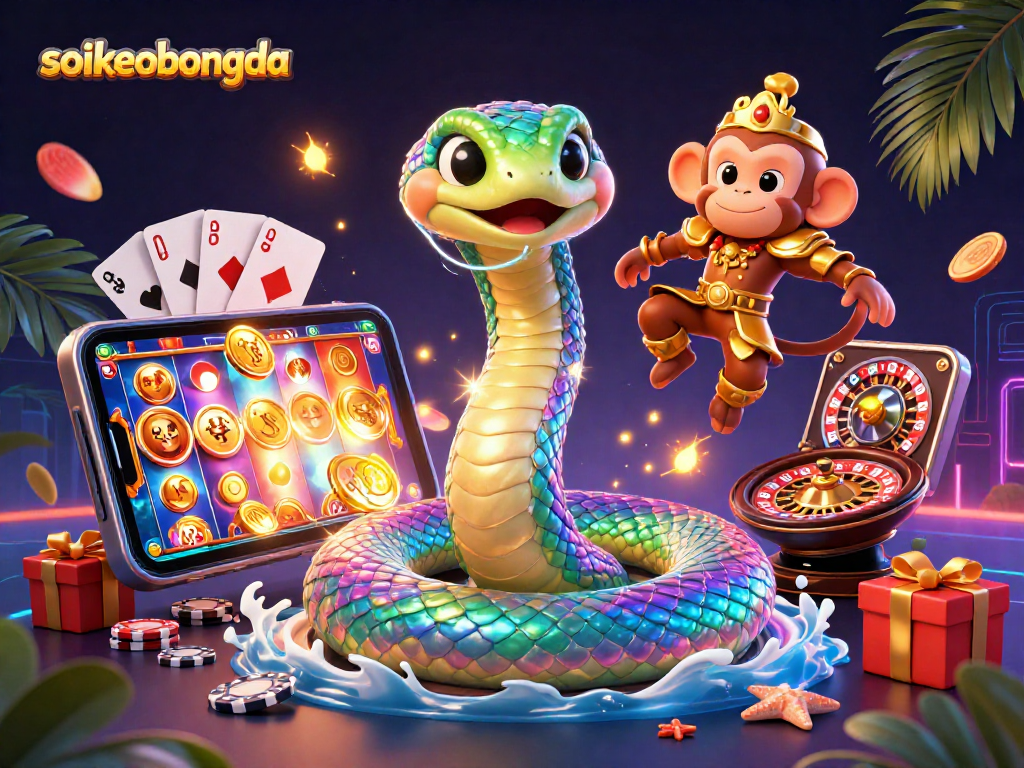 Engage in thrilling gameplay with soikeobongda's vibrant casino scene featuring a rainbow serpent and monkey king.