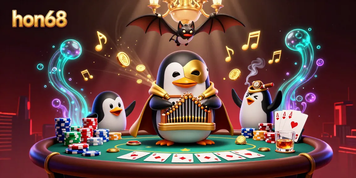 Playing at hon68, a phantom opera penguin enjoys a lively casino atmosphere filled with gold coins and poker chips.