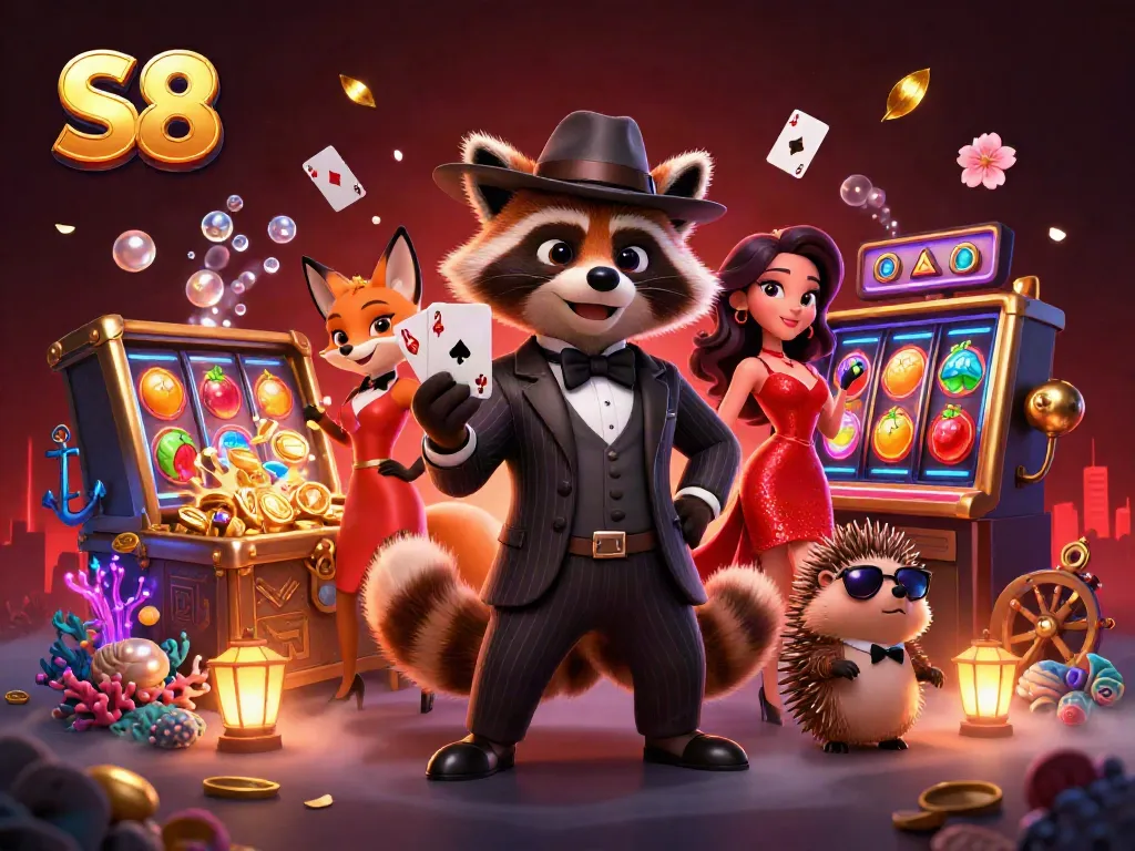 Experience the excitement of S8 gaming with a raccoon, fox, and hedgehog in a vibrant casino