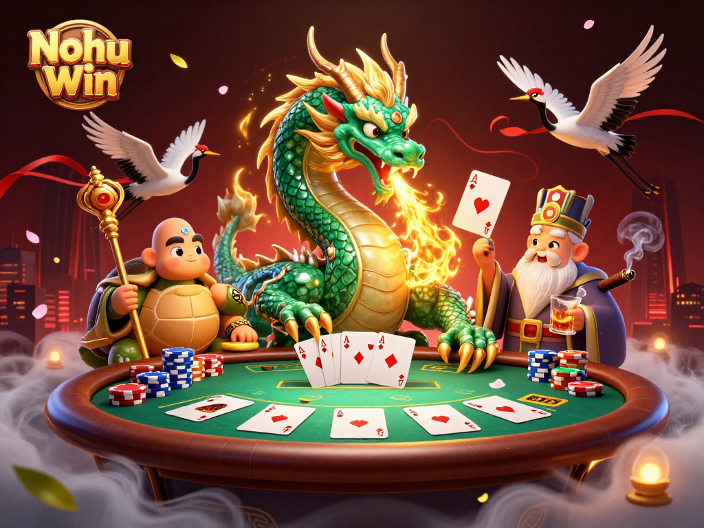 Nohu Win showcases thrilling gameplay with a mythical dragon and wise turtle sage at the poker table.