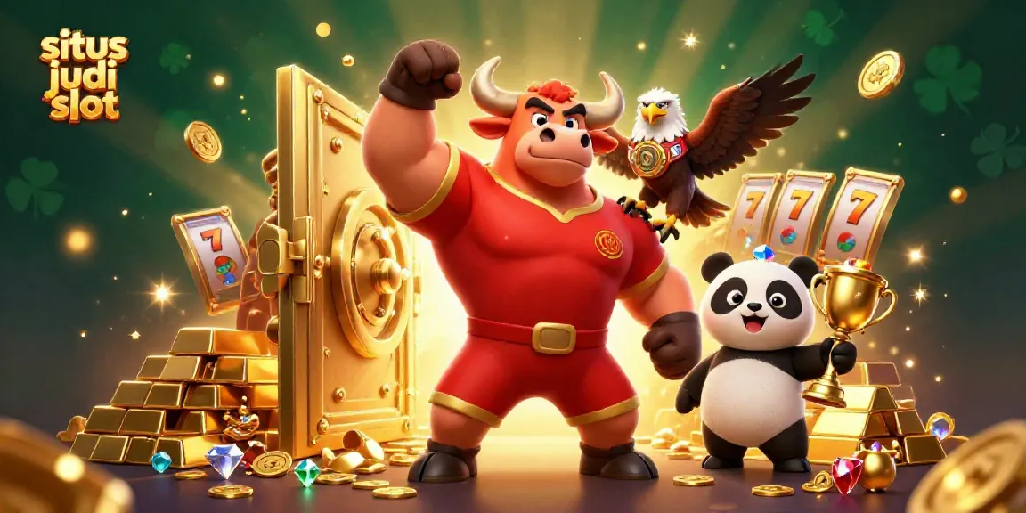 Ilustrasi situs judi slot menampilkan karakter kartun yang ceria dan elemen jackpot berkilauan