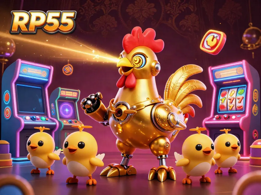 Experience thrilling gameplay with RP55 featuring a golden rooster robot amidst colorful casino elements.