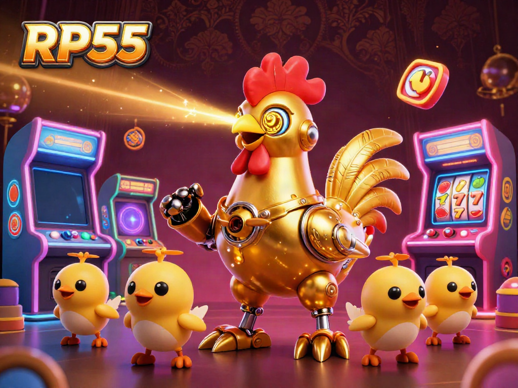 Experience thrilling gameplay with RP55 featuring a golden rooster robot amidst colorful casino elements.