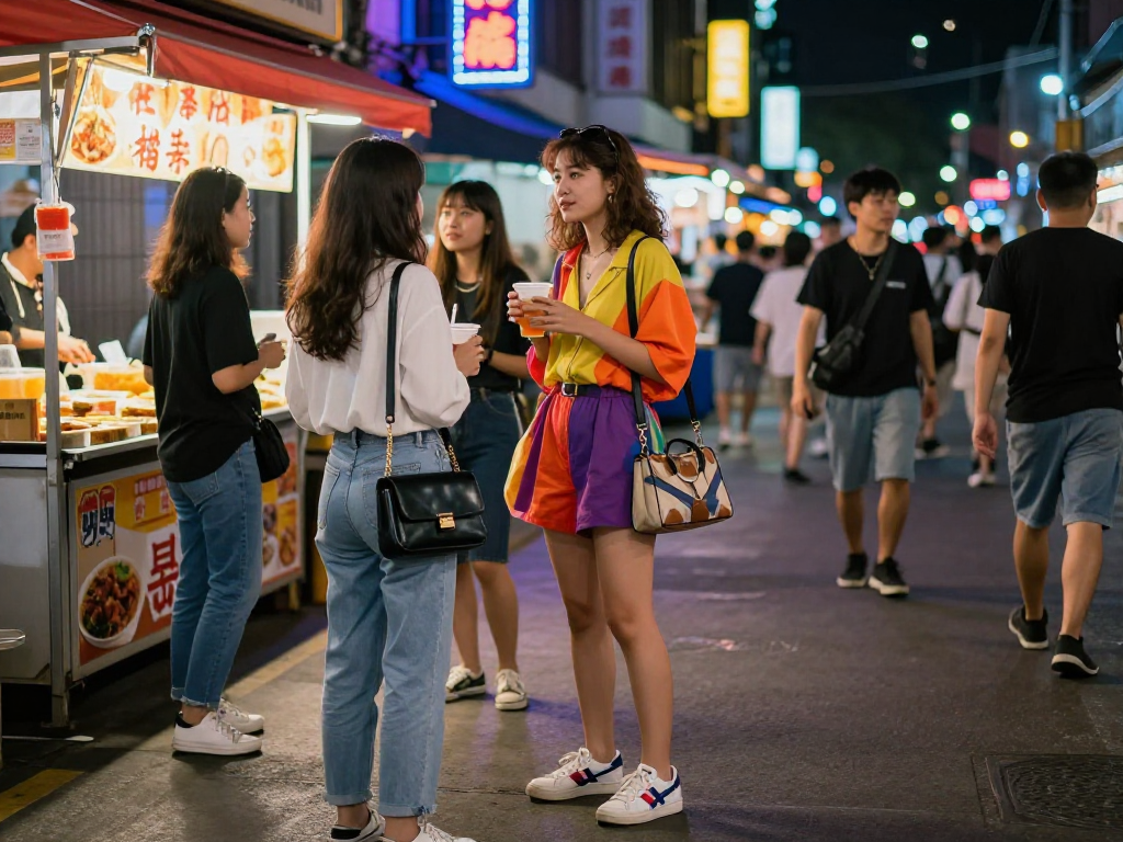 Hình ảnh gái gọi trong khung cảnh thành phố sôi động, áo quần thời thượng, đèn neon rực rỡ.