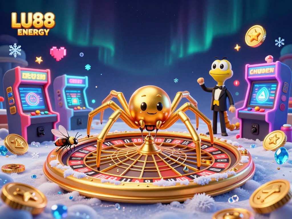 Experience thrilling fun with LU88 ENERGY as a colorful 3D casino scene unfolds, featuring engaging characters and arcade elements.
