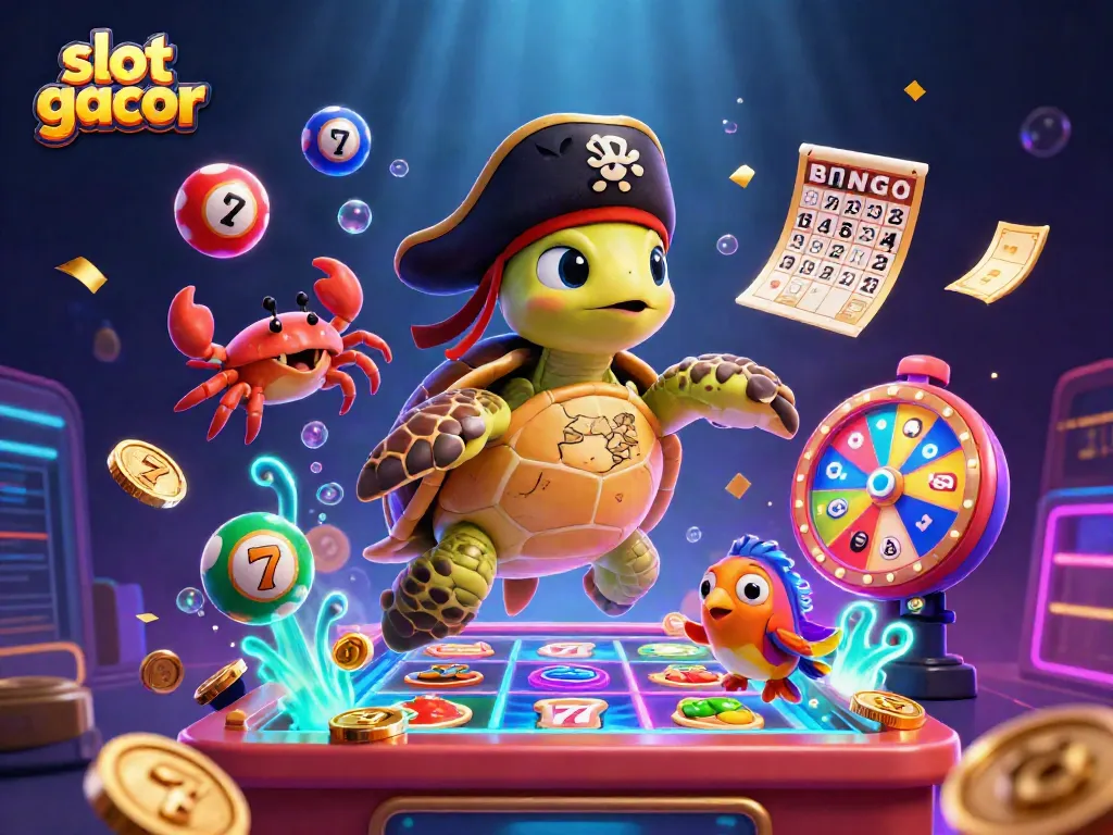 Engage with the vibrant slot gacor scene featuring animated turtle and aquatic friends above a colorful slot machine!