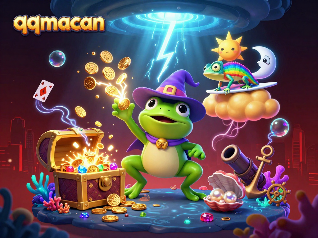 Experience the thrill of qqmacan with a dynamic 3D casino scene filled with coins and vibrant characters.