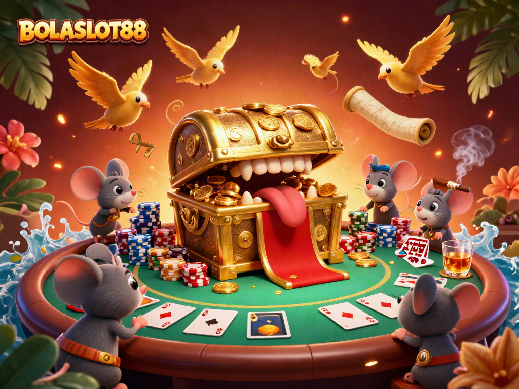 BOLASLOT88 treasure chest lures adventurer mice with riches amidst vibrant casino elements.