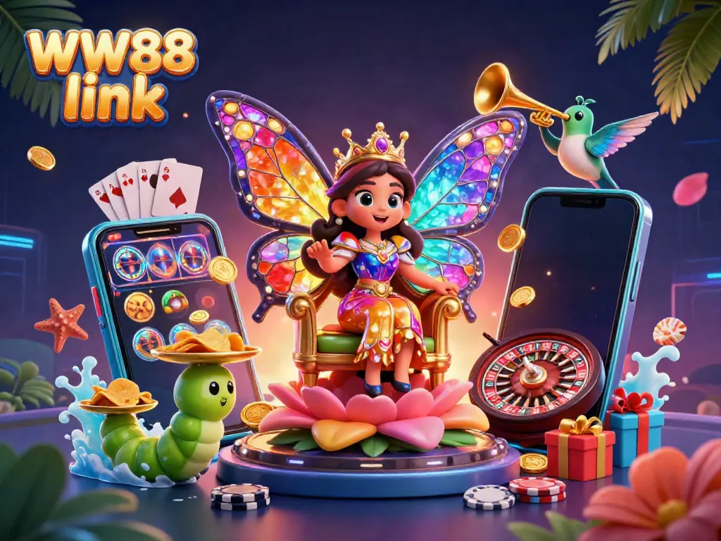 Play with vibrant WW88 link featuring a butterfly queen surrounded by gaming elements and gold coins.