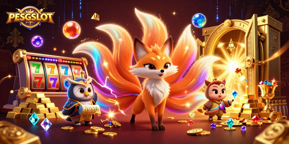 PESGSLOT showcases vibrant 3D characters amidst a jackpot scene adorned with glowing treasures and slot elements.
