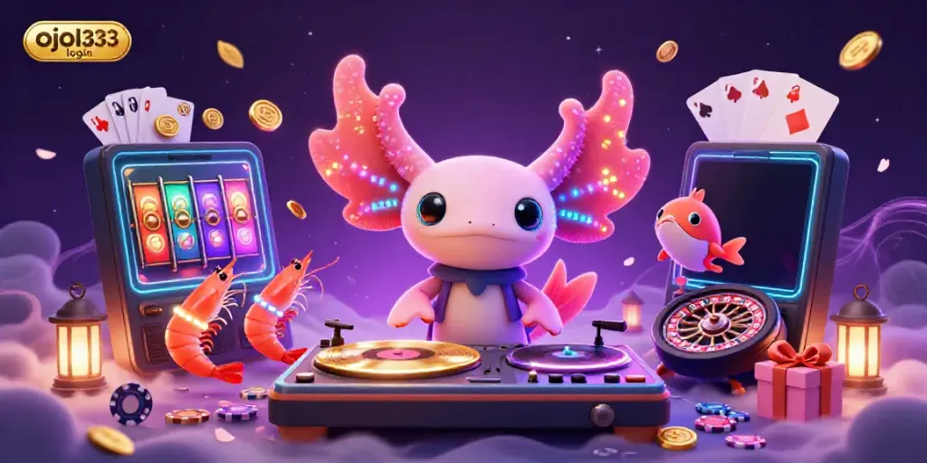 Experience the vibrant world of ojol333 login with a neon axolotl DJ and lively underwater casino-themed scene.