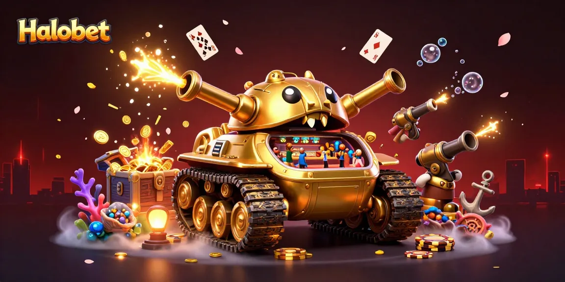 Halobet's exciting casino scene features a golden beetle tank loaded with slots and gaming action.