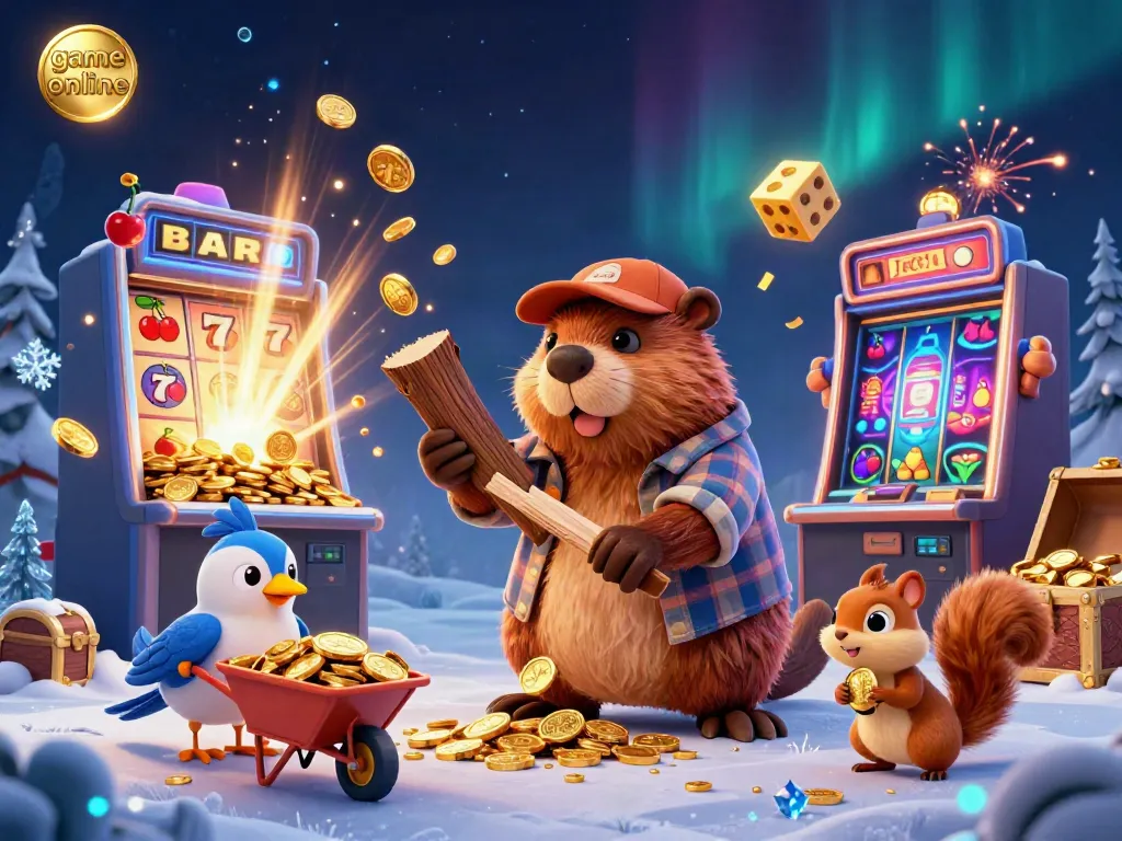 Experience thrilling moments with game online slots as beaver characters collect golden coins in a vibrant casino scene.