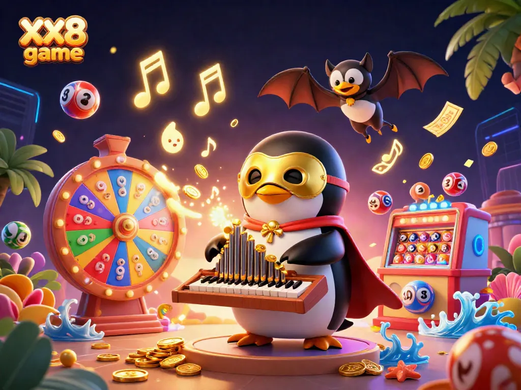 Experience the exciting XX8 game with a vibrant 3D penguin organ player amid dynamic casino elements.