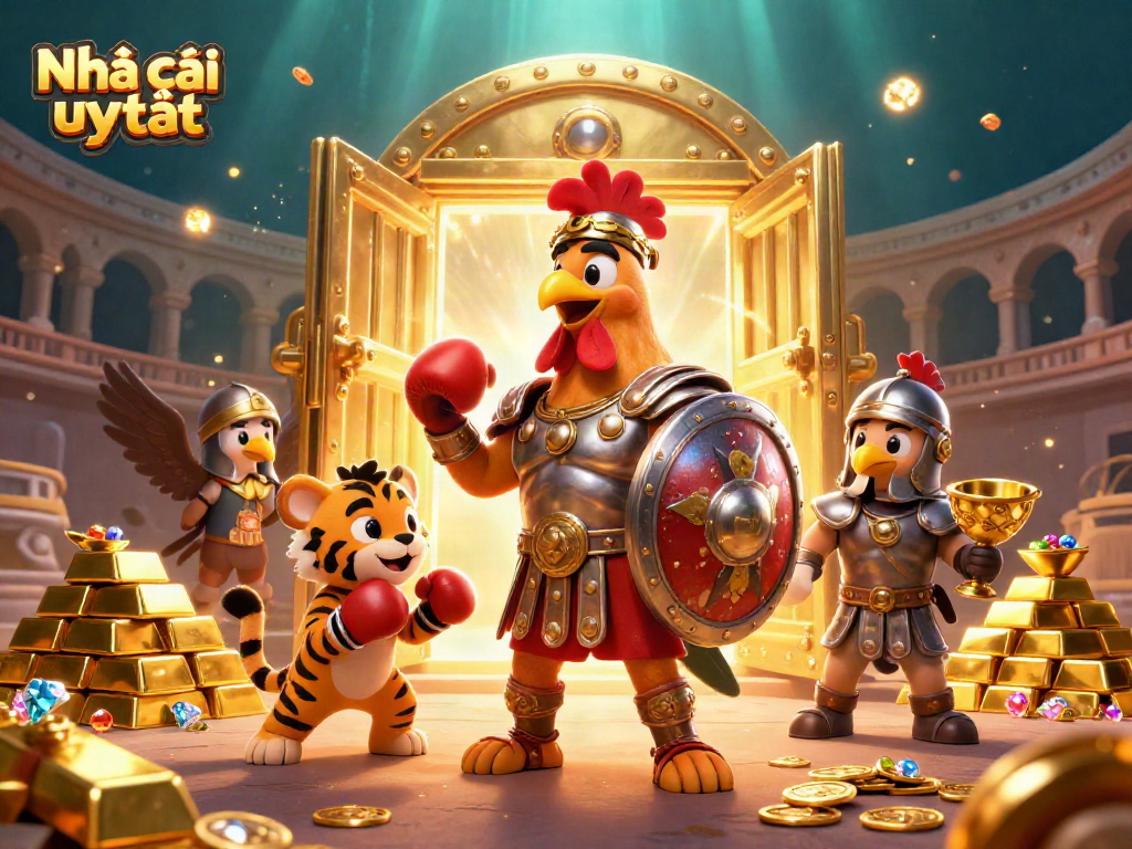 Engaging illustration showcasing Nhà cái uy tín with dynamic casino elements like gold bars, jewels, and a lively arena setting.