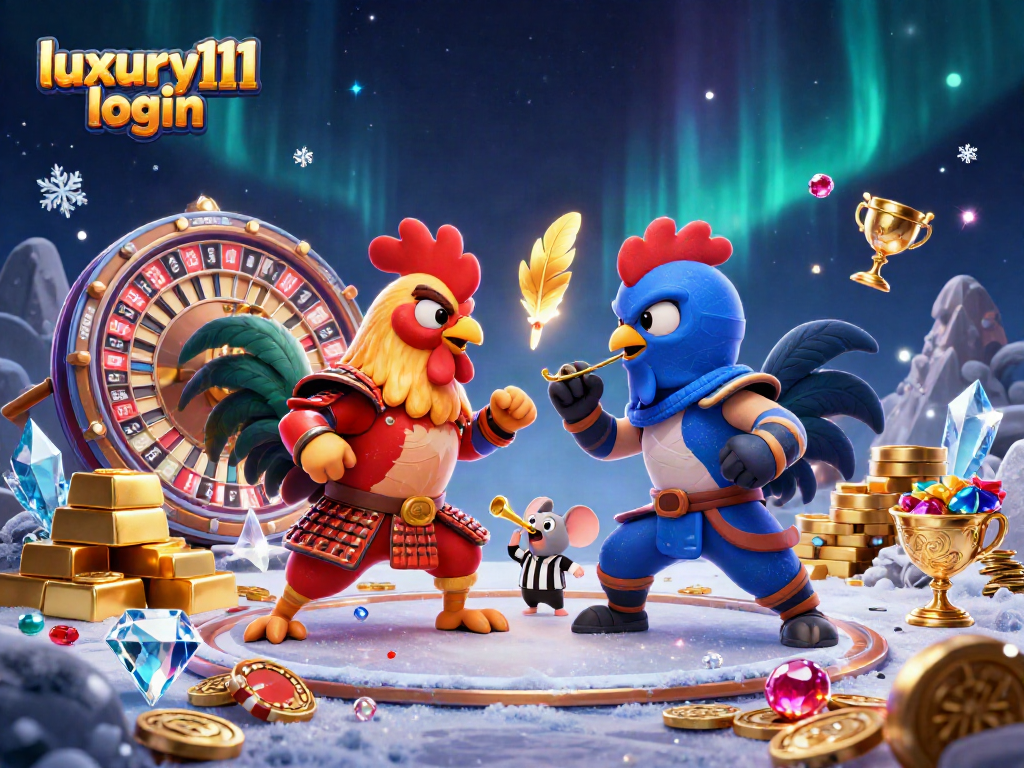 Experience luxury111 login with vibrant cartoon roosters amid casino elements in stunning 3D detail.