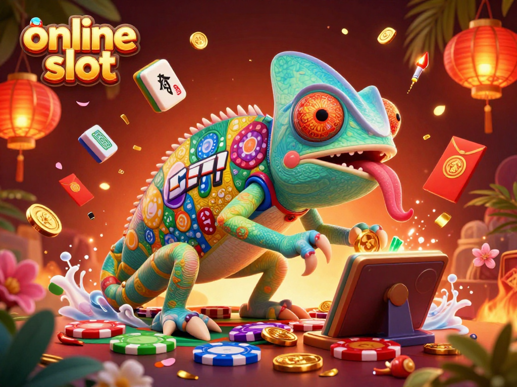 Experience thrilling online slot action as colorful chameleons capture coins amidst vibrant casino elements.