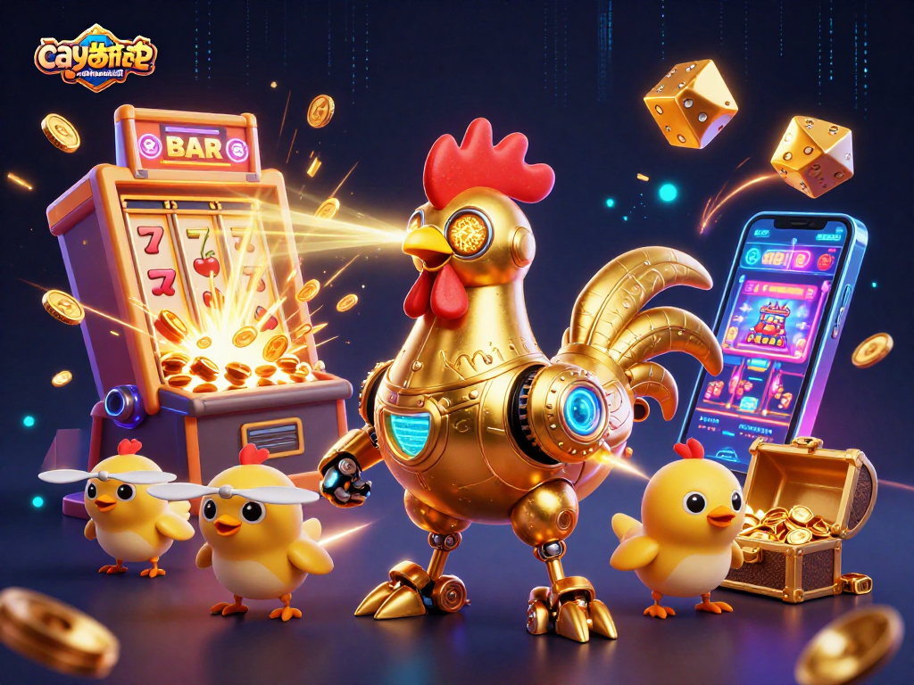 Experience thrilling gameplay with caycanhphattai, featuring a golden rooster robot and baby chick drones amidst jackpot excitement.